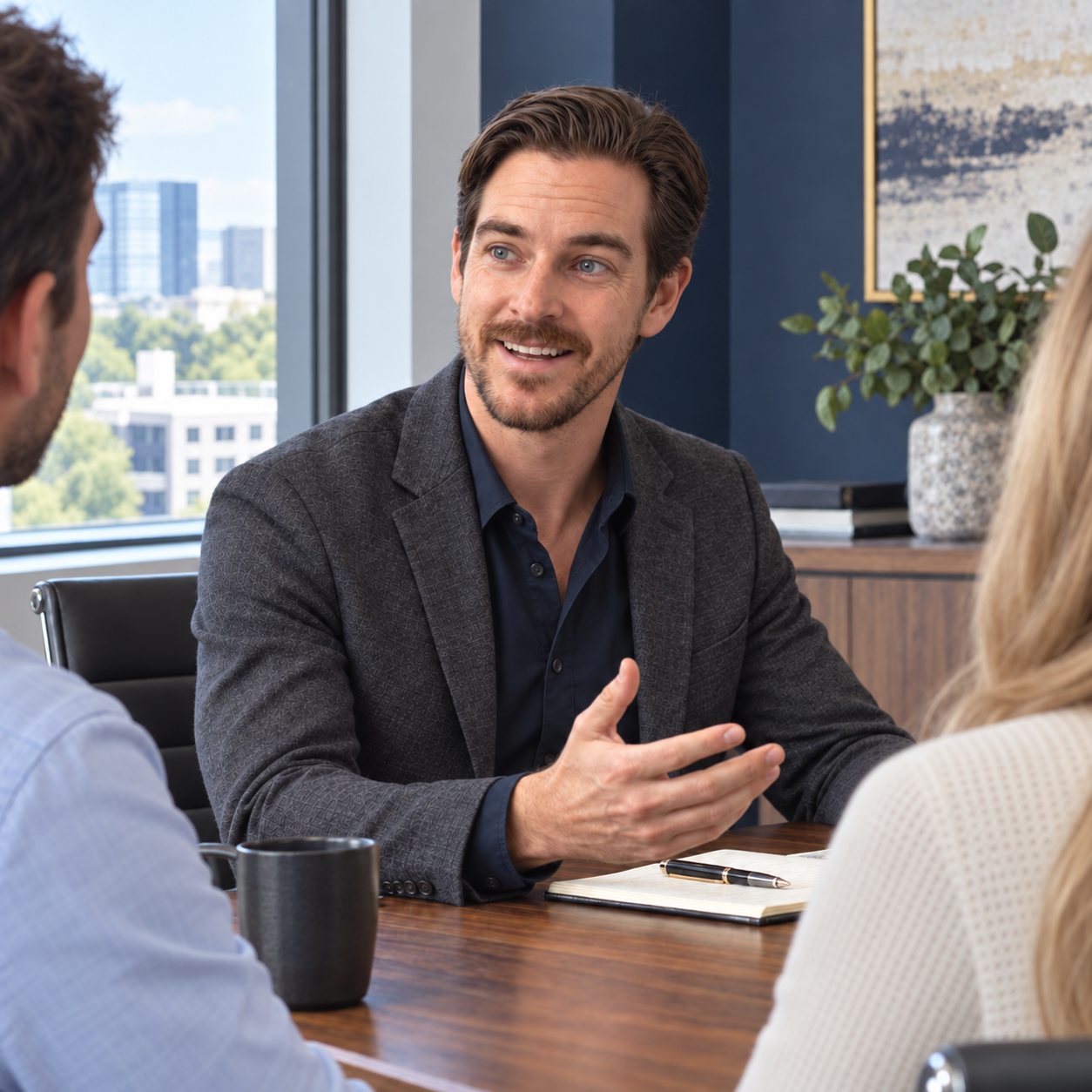 AI-generated illustration of Max Hourigan leading a boardroom discussion